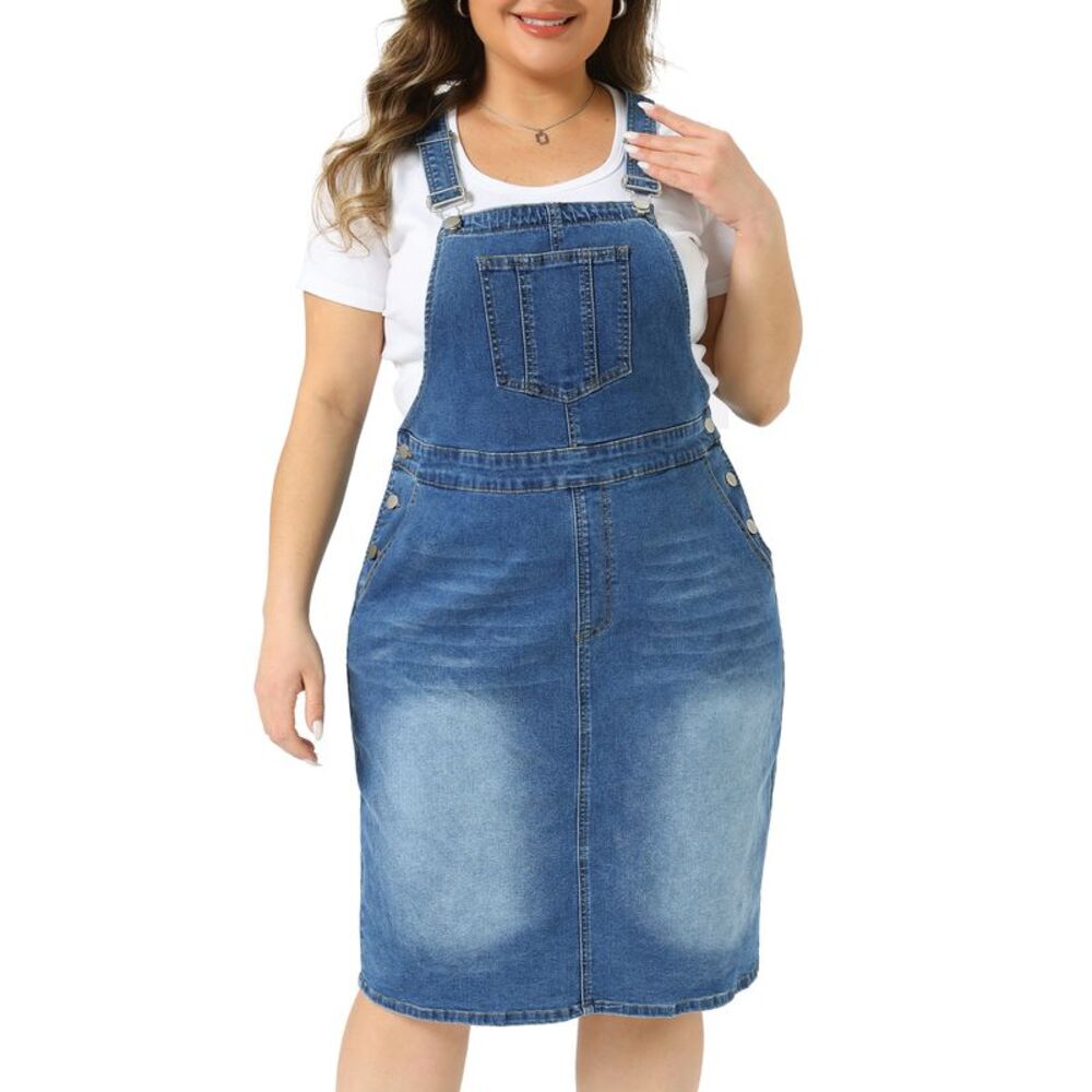 Women Plus Size Adjustable Strap Vintage Denim Overall Dress Blue